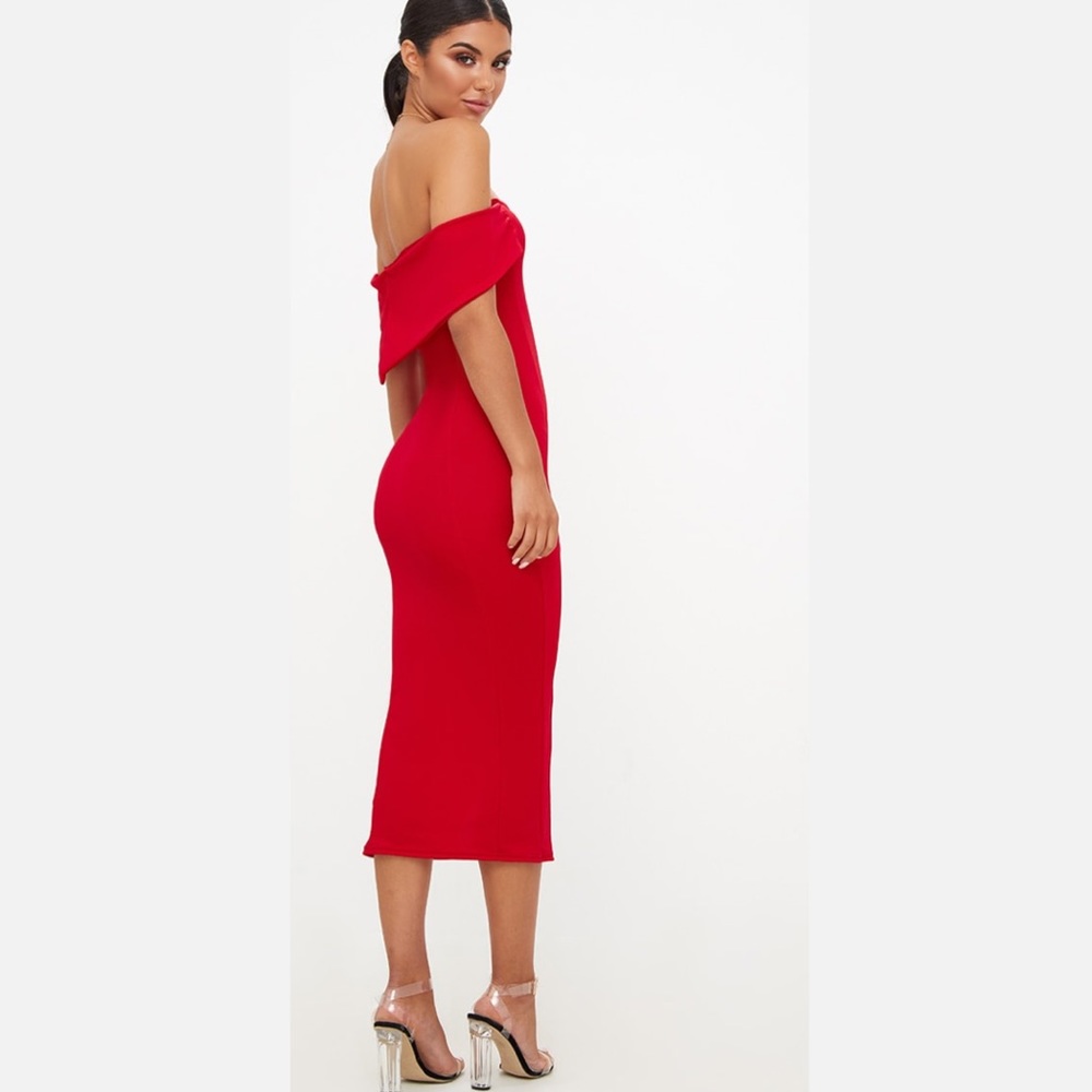 NWT Pretty Little Thing Strapless Off Shoulder Red Bodycon Midi Dress XS - Picture 3 of 11